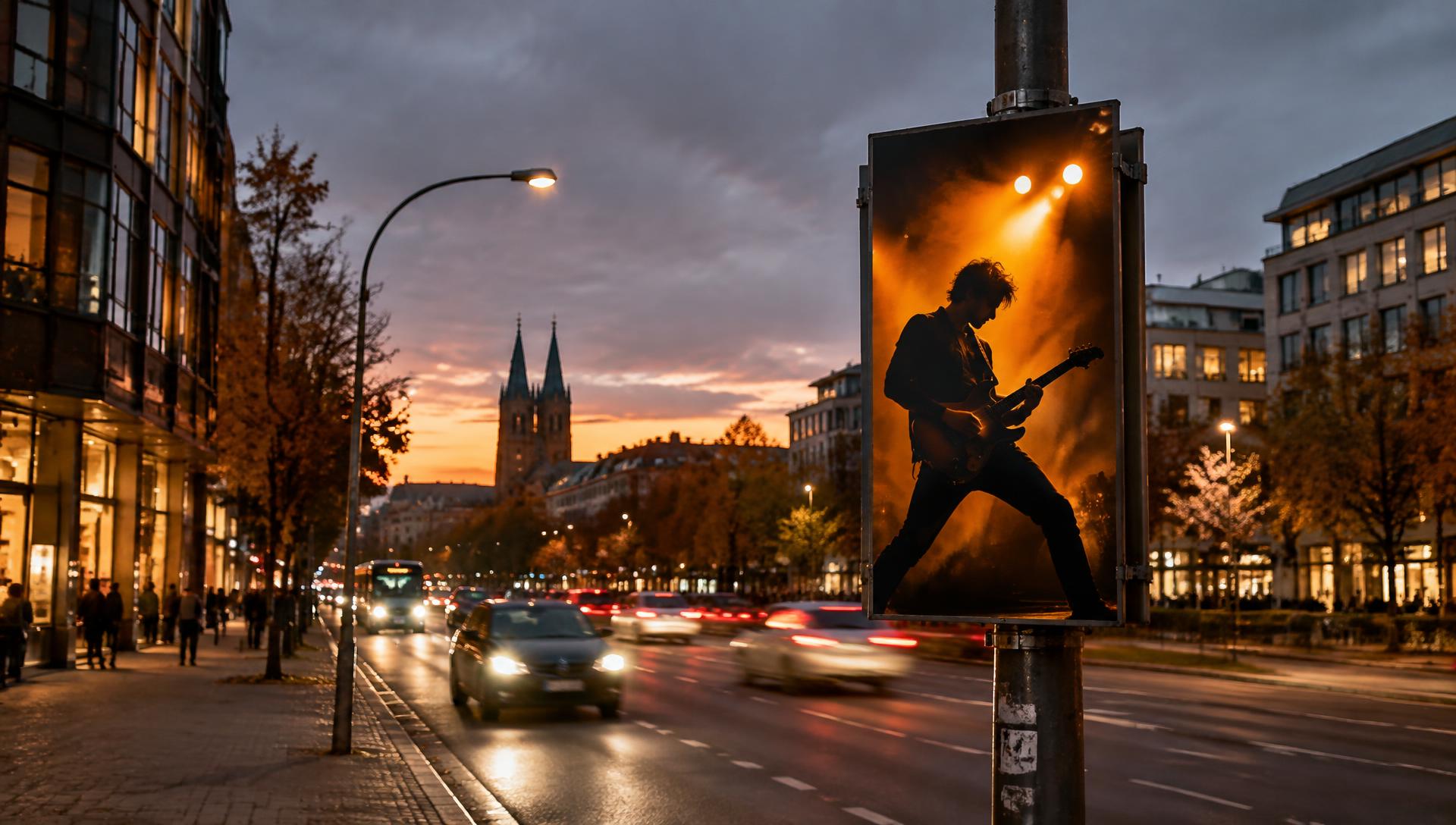 Konzertplakat an einem Lichtmast an einer belebten Straße
